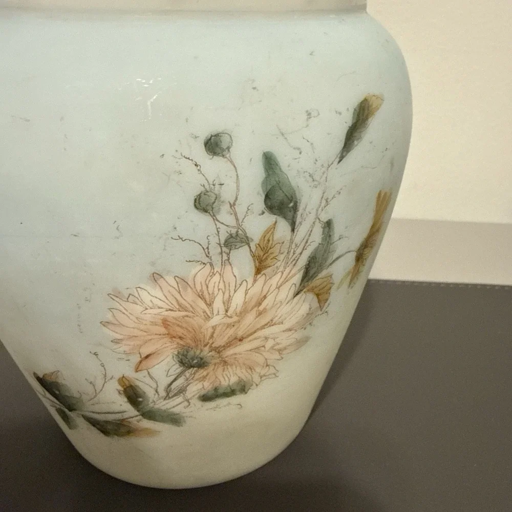 Vintage Satin Frosted Blue Glass Vase Hand Painted Floral Chrysanthemum 6.25